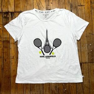 Karl Lagerfeld Paris T-Shirt Women XL White Tennis Graphic Short Sleeve Pullover